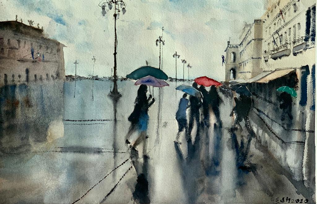 Pioggia in piazza dell'Unità - acquerello 36,5 x 57,5